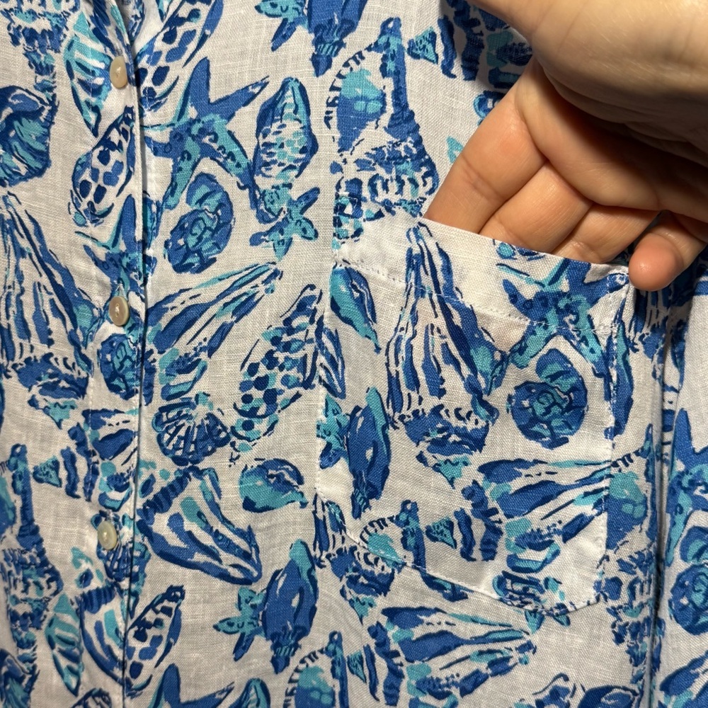 Lilly Pulitzer Women's Sea View Linen Button Down Top Shell Collector sz. Large - Picture 4 of 11
